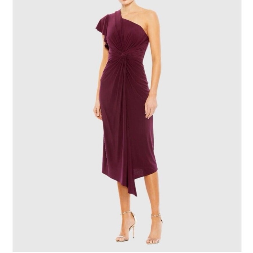 Mac Duggal Plum Maroon One Shoulder Twist Waist Detail Midi Jersey Dress Reemoly